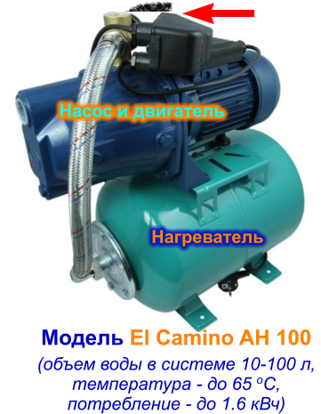 Насос и двигатель Нагреватель Модель El Camino AH 100 (объем воды в системе 10-100 л, температура - до 65 oC, потребление - до 1.6 кВч)